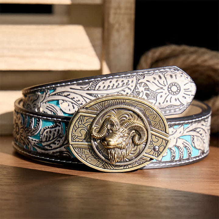 Antique Bronze Ram Skull Head DIY Hidden Folding Knife Buckle Leather Belt - Ram Skull Head - Gray Floral Belt - 42 - image 8