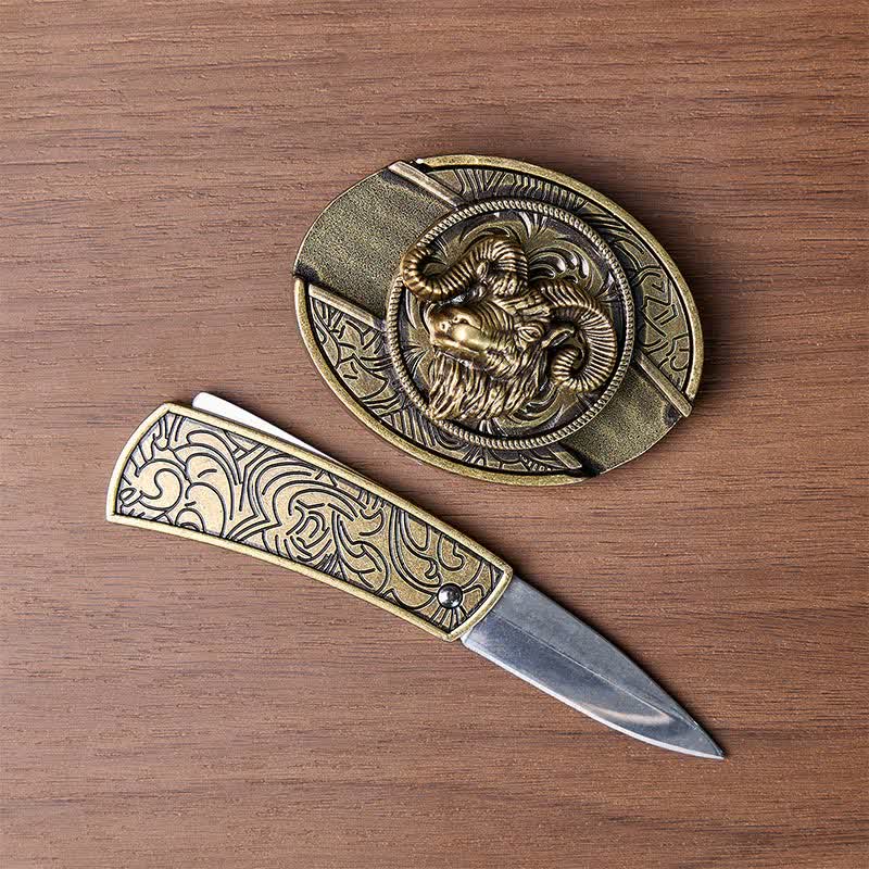 Antique Bronze Ram Skull Head DIY Hidden Folding Knife Buckle Leather Belt - image 1