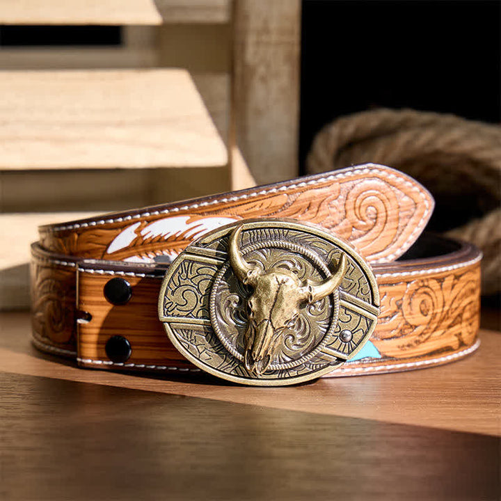 Longhorn Skull DIY Hidden Folding Knife Antique Bronze Buckle Leather Belt - Longhorn - Brown Feather Belt - 40 - image 7