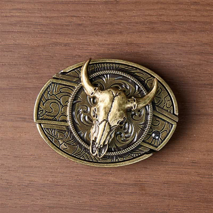 Longhorn Skull DIY Hidden Folding Knife Antique Bronze Buckle Leather Belt - image 10