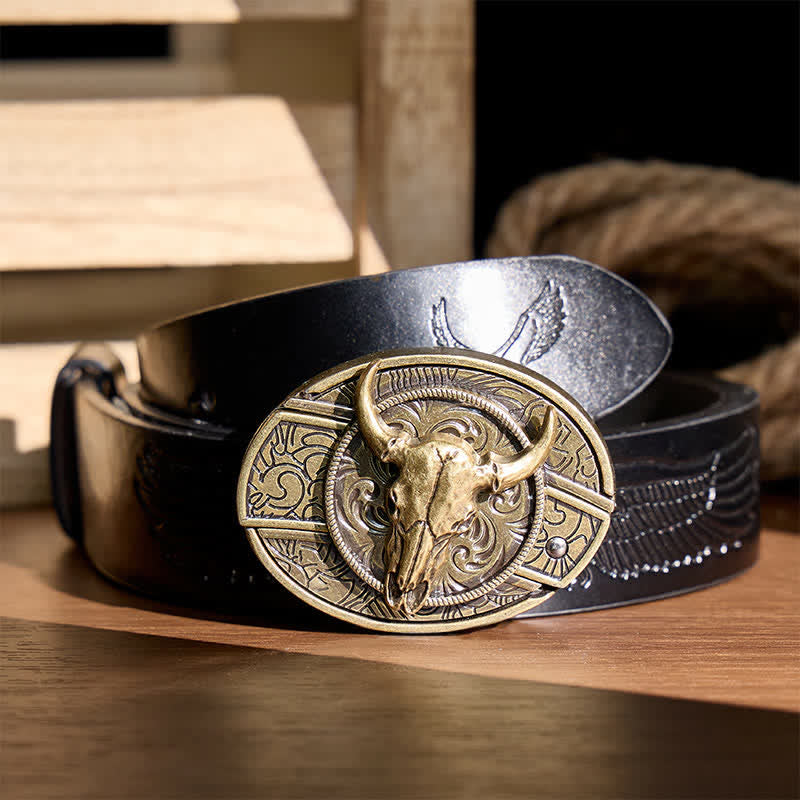 Longhorn Skull DIY Hidden Folding Knife Antique Bronze Buckle Leather Belt - Longhorn - Black Embossed Eagle Belt - 42 - image 2