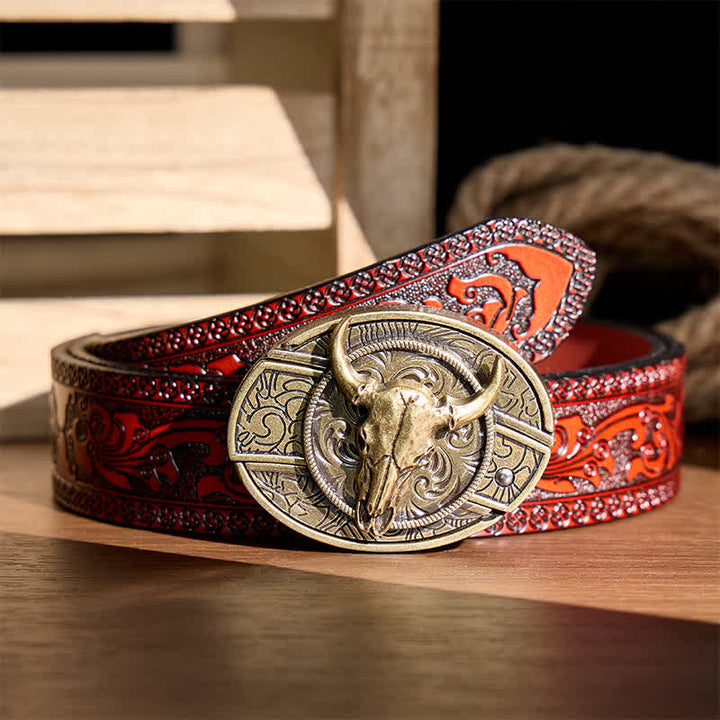 Longhorn Skull DIY Hidden Folding Knife Antique Bronze Buckle Leather Belt - Longhorn - Brown Carved Belt - 42 - image 6