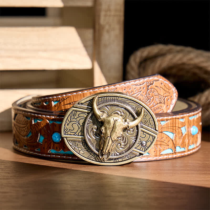 Longhorn Skull DIY Hidden Folding Knife Antique Bronze Buckle Leather Belt - Longhorn - Turquoise Carved Belt - 42 - image 3