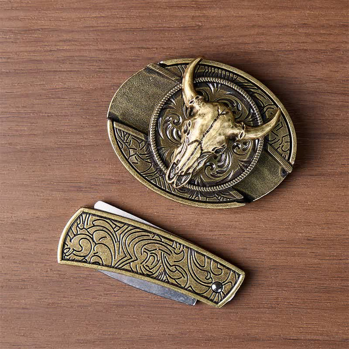 Longhorn Skull DIY Hidden Folding Knife Antique Bronze Buckle Leather Belt - image 9