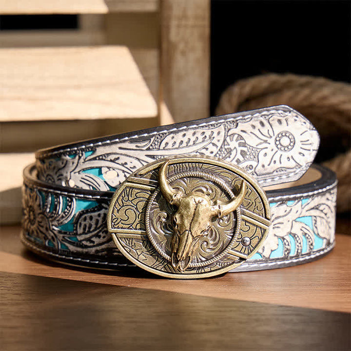 Longhorn Skull DIY Hidden Folding Knife Antique Bronze Buckle Leather Belt - Longhorn - Gray Floral Belt - 42 - image 8