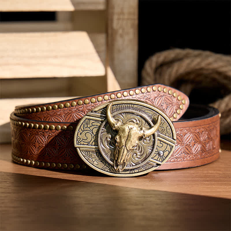 Longhorn Skull DIY Hidden Folding Knife Antique Bronze Buckle Leather Belt - Longhorn - Brown Rivet Belt - 42 - image 4