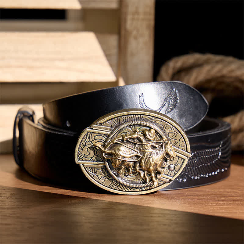 Cowboy Roping Steer DIY Hidden Folding Knife Bronze Buckle Leather Belt - Cowboy Roping Steer - Black Embossed Eagle Belt - 42 - image 2
