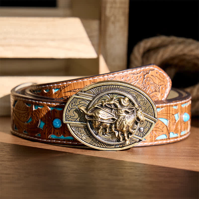 Cowboy Roping Steer DIY Hidden Folding Knife Bronze Buckle Leather Belt - Cowboy Roping Steer - Turquoise Carved Belt - 42 - image 3