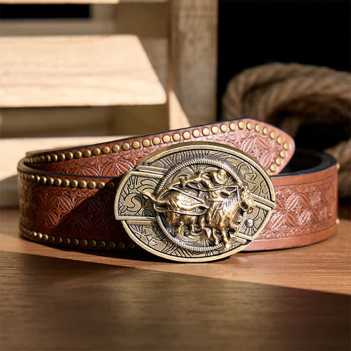Cowboy Roping Steer DIY Hidden Folding Knife Bronze Buckle Leather Belt - Cowboy Roping Steer - Brown Rivet Belt - 42 - image 4