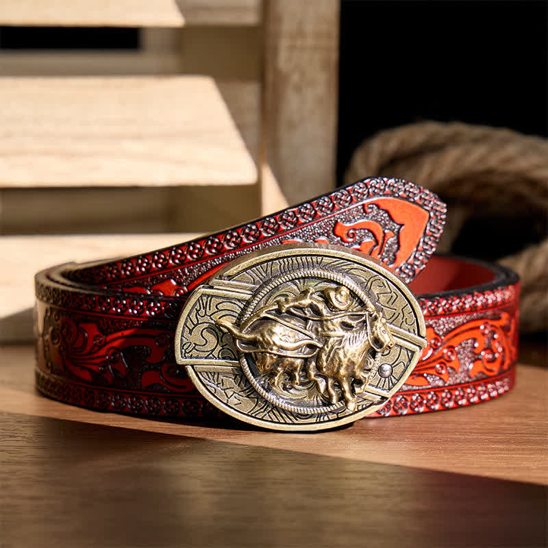 Cowboy Roping Steer DIY Hidden Folding Knife Bronze Buckle Leather Belt - Cowboy Roping Steer - Brown Carved Belt - 42 - image 6