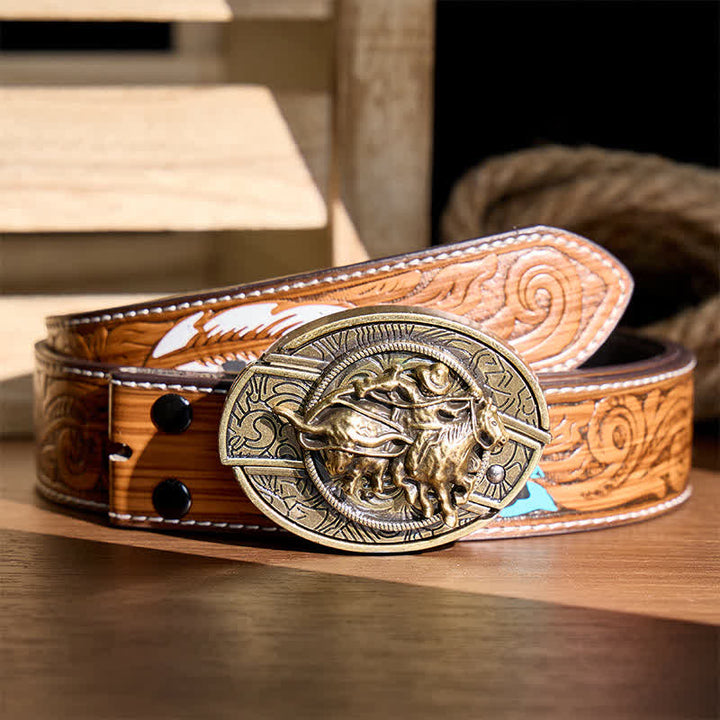 Cowboy Roping Steer DIY Hidden Folding Knife Bronze Buckle Leather Belt - Cowboy Roping Steer - Brown Feather Belt - 40 - image 7