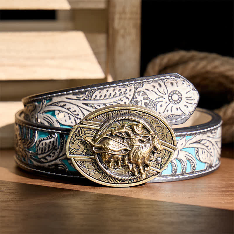 Cowboy Roping Steer DIY Hidden Folding Knife Bronze Buckle Leather Belt - Cowboy Roping Steer - Gray Floral Belt - 42 - image 8
