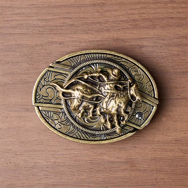 Cowboy Roping Steer DIY Hidden Folding Knife Bronze Buckle Leather Belt - image 9