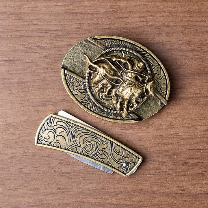 Cowboy Roping Steer DIY Hidden Folding Knife Bronze Buckle Leather Belt - image 10