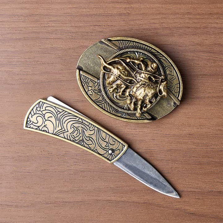 Cowboy Roping Steer DIY Hidden Folding Knife Bronze Buckle Leather Belt - image 1