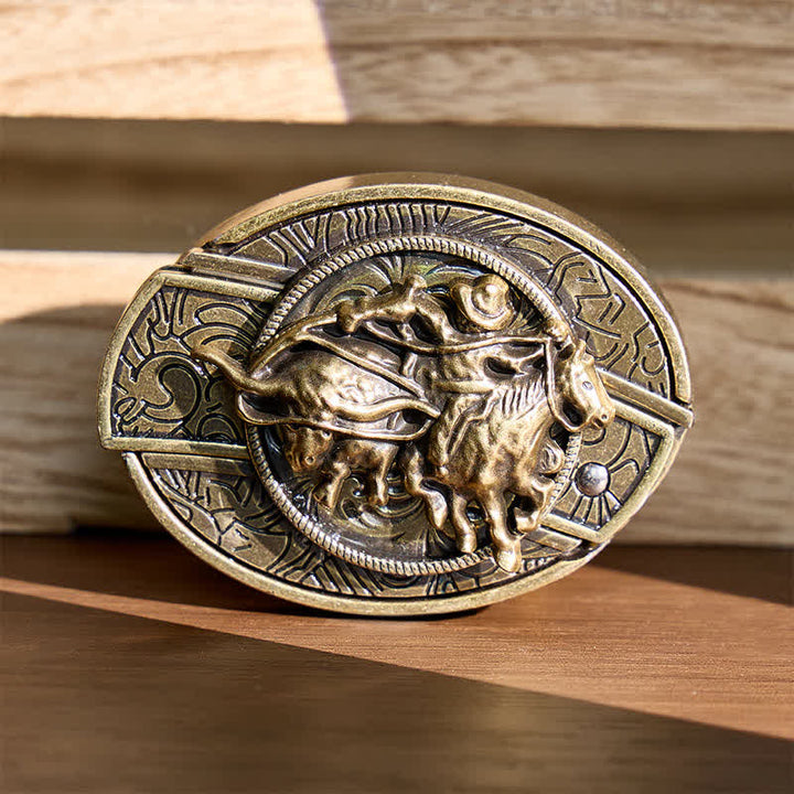 Cowboy Roping Steer DIY Hidden Folding Knife Bronze Buckle Leather Belt - Cowboy Roping Steer - Without Belt - Not Included Belt - image 0