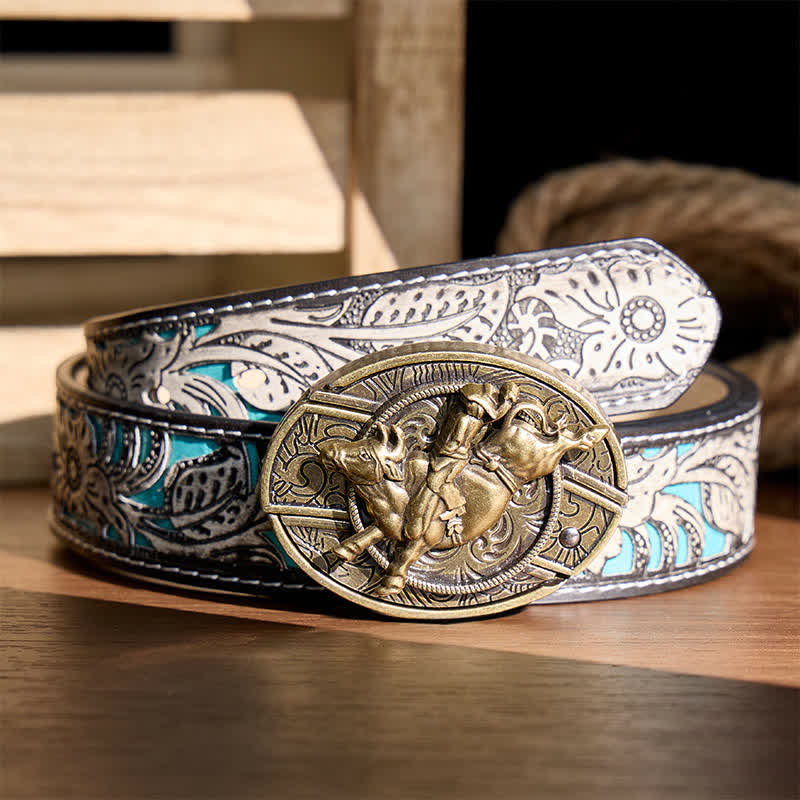 Antique Bronze Bull Rider DIY Hidden Folding Knife Buckle Leather Belt - image 1
