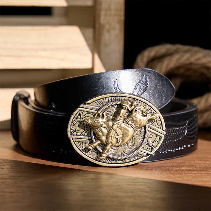 Antique Bronze Bull Rider DIY Hidden Folding Knife Buckle Leather Belt - Bull Rider - Black Embossed Eagle Belt - 42 - image 2