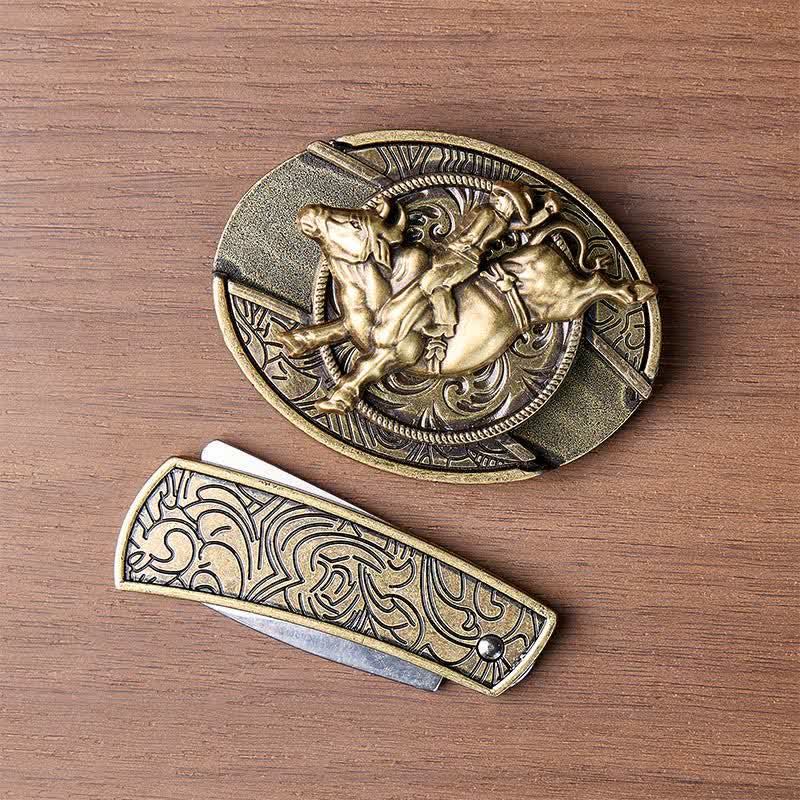 Antique Bronze Bull Rider DIY Hidden Folding Knife Buckle Leather Belt - image 10