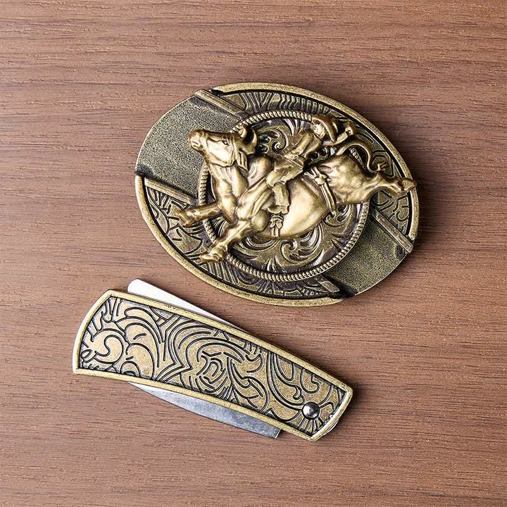 Antique Bronze Bull Rider DIY Hidden Folding Knife Buckle Leather Belt - image 10