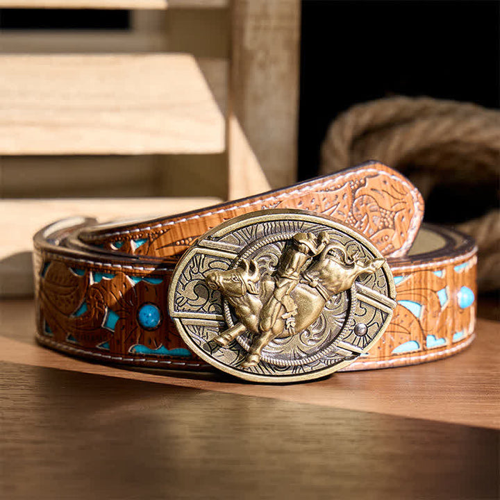 Antique Bronze Bull Rider DIY Hidden Folding Knife Buckle Leather Belt - Bull Rider - Turquoise Carved Belt - 42 - image 3
