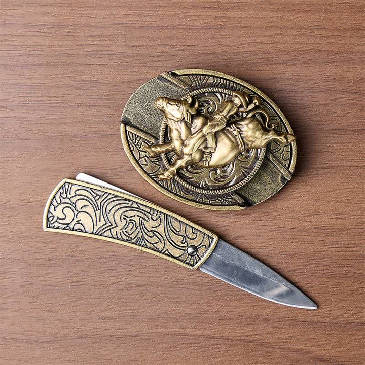 Antique Bronze Bull Rider DIY Hidden Folding Knife Buckle Leather Belt - image 1