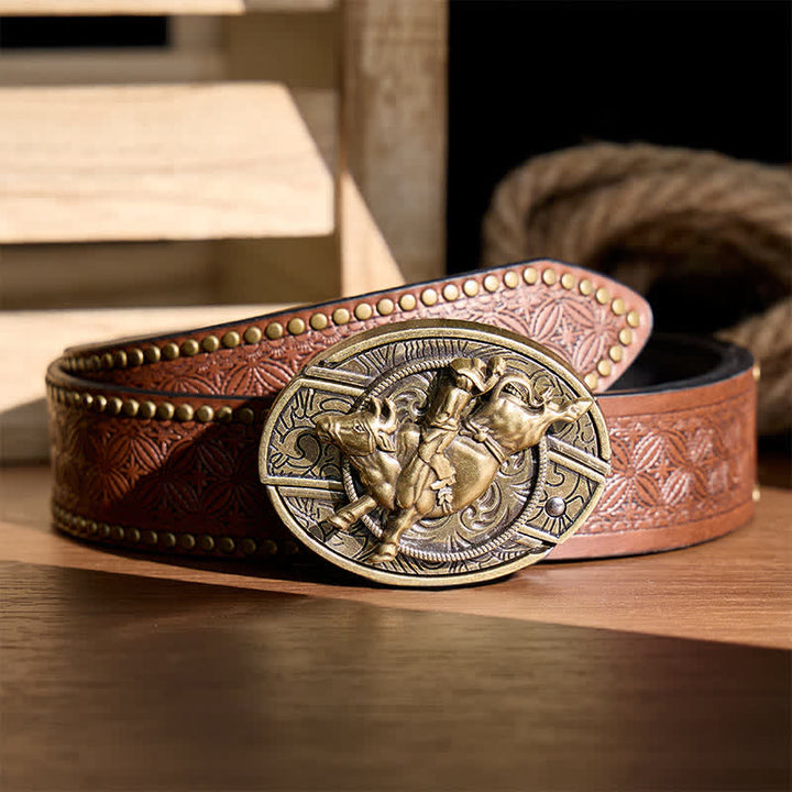 Antique Bronze Bull Rider DIY Hidden Folding Knife Buckle Leather Belt - Bull Rider - Brown Rivet Belt - 42 - image 4