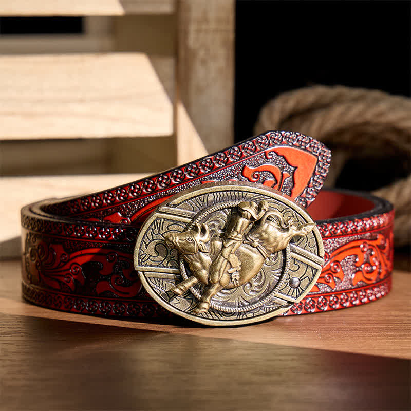 Antique Bronze Bull Rider DIY Hidden Folding Knife Buckle Leather Belt - Bull Rider - Brown Carved Belt - 42 - image 6