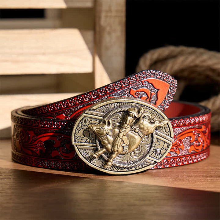 Antique Bronze Bull Rider DIY Hidden Folding Knife Buckle Leather Belt - Bull Rider - Brown Carved Belt - 42 - image 6