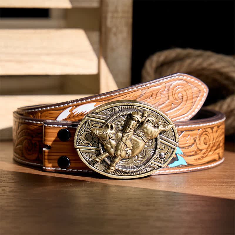 Antique Bronze Bull Rider DIY Hidden Folding Knife Buckle Leather Belt - Bull Rider - Brown Feather Belt - 40 - image 7