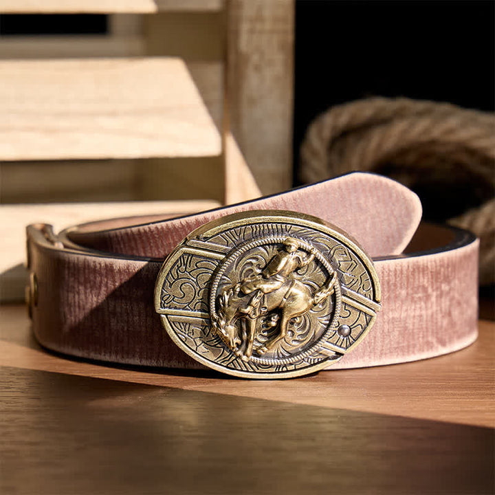 Western Rodeo Bronco Rider DIY Hidden Folding Knife Bronze Buckle Leather Belt - Rodeo Bronco Rider - Brown Distressed Belt - 42 - image 5