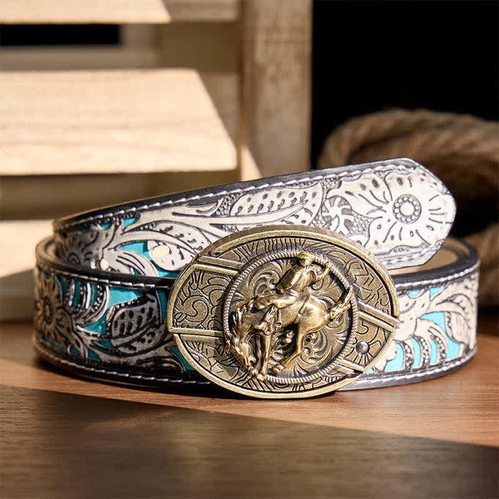 Western Rodeo Bronco Rider DIY Hidden Folding Knife Bronze Buckle Leather Belt - Rodeo Bronco Rider - Gray Floral Belt - 42 - image 8