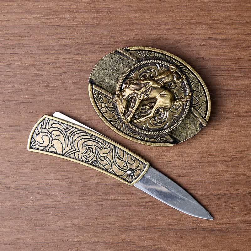 Western Rodeo Bronco Rider DIY Hidden Folding Knife Bronze Buckle Leather Belt - image 1