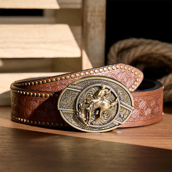 Western Rodeo Bronco Rider DIY Hidden Folding Knife Bronze Buckle Leather Belt - Rodeo Bronco Rider - Brown Rivet Belt - 42 - image 4