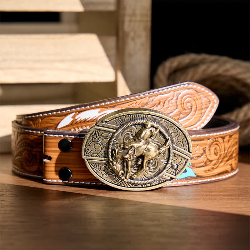Western Rodeo Bronco Rider DIY Hidden Folding Knife Bronze Buckle Leather Belt - Rodeo Bronco Rider - Brown Feather Belt - 40 - image 7