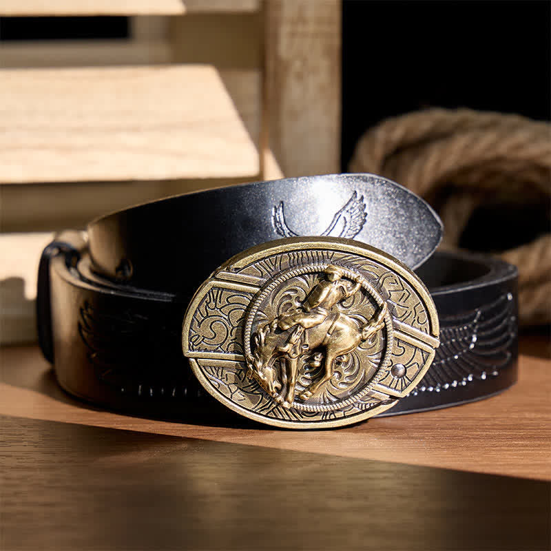 Western Rodeo Bronco Rider DIY Hidden Folding Knife Bronze Buckle Leather Belt - Rodeo Bronco Rider - Black Embossed Eagle Belt - 42 - image 2