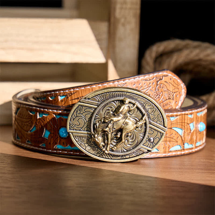 Western Rodeo Bronco Rider DIY Hidden Folding Knife Bronze Buckle Leather Belt - Rodeo Bronco Rider - Turquoise Carved Belt - 42 - image 3