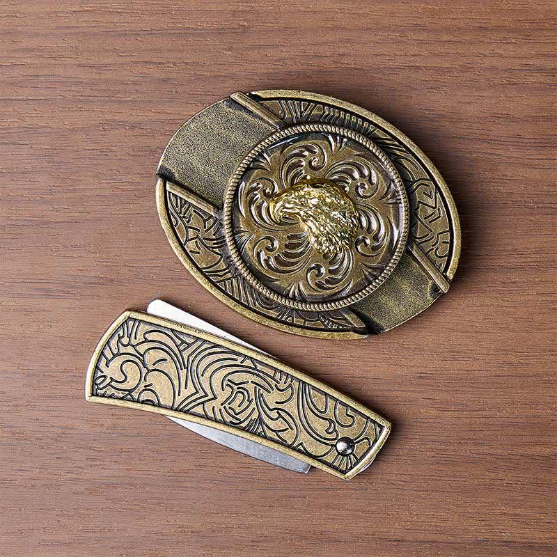 Gold Eagle Head DIY Hidden Folding Knife Antique Bronze Buckle Leather Belt - image 10