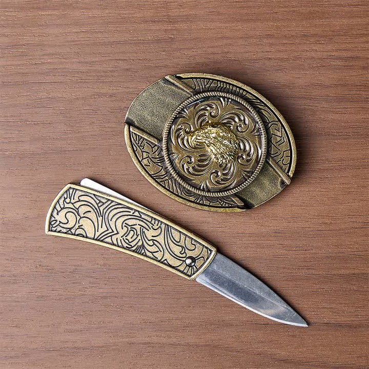 Gold Eagle Head DIY Hidden Folding Knife Antique Bronze Buckle Leather Belt - image 1
