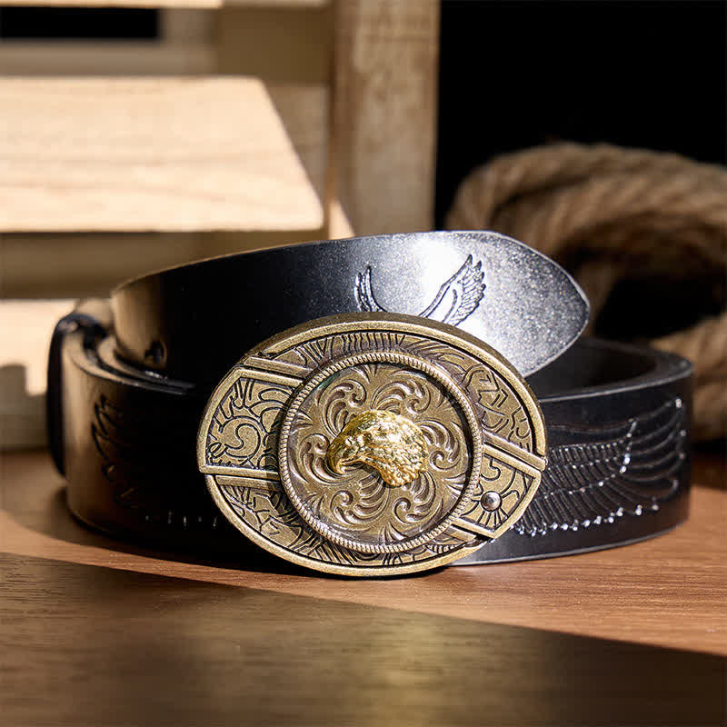 Gold Eagle Head DIY Hidden Folding Knife Antique Bronze Buckle Leather Belt - Eagle Head - Black Embossed Eagle Belt - 42 - image 2