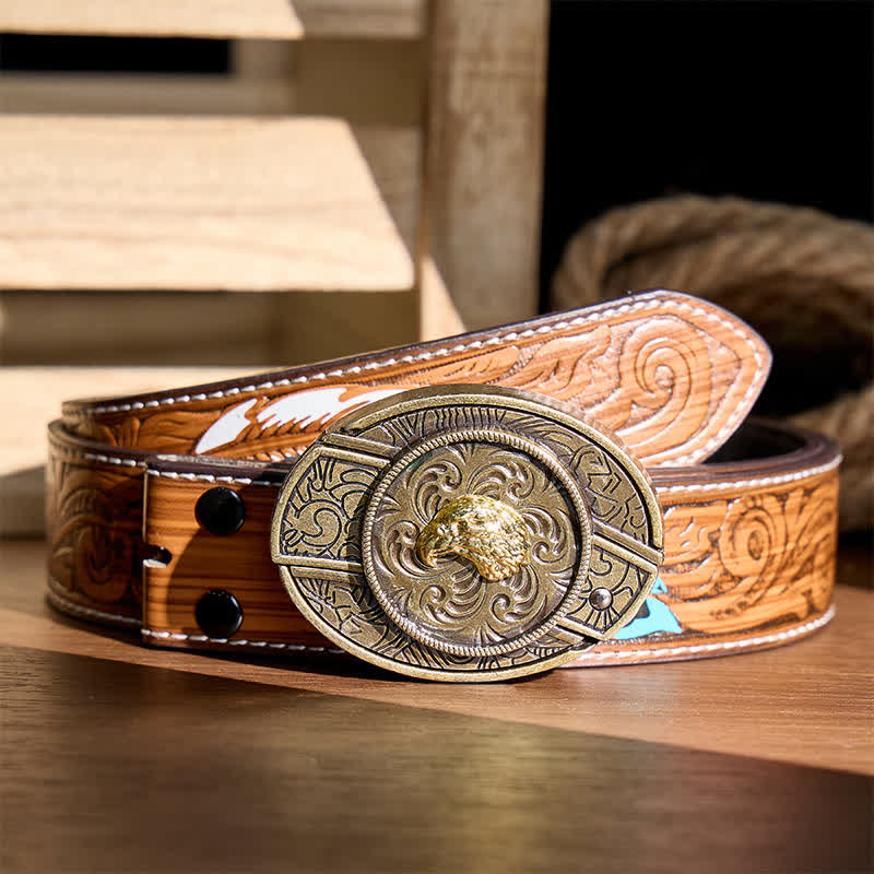 Gold Eagle Head DIY Hidden Folding Knife Antique Bronze Buckle Leather Belt - Eagle Head - Brown Feather Belt - 40 - image 7