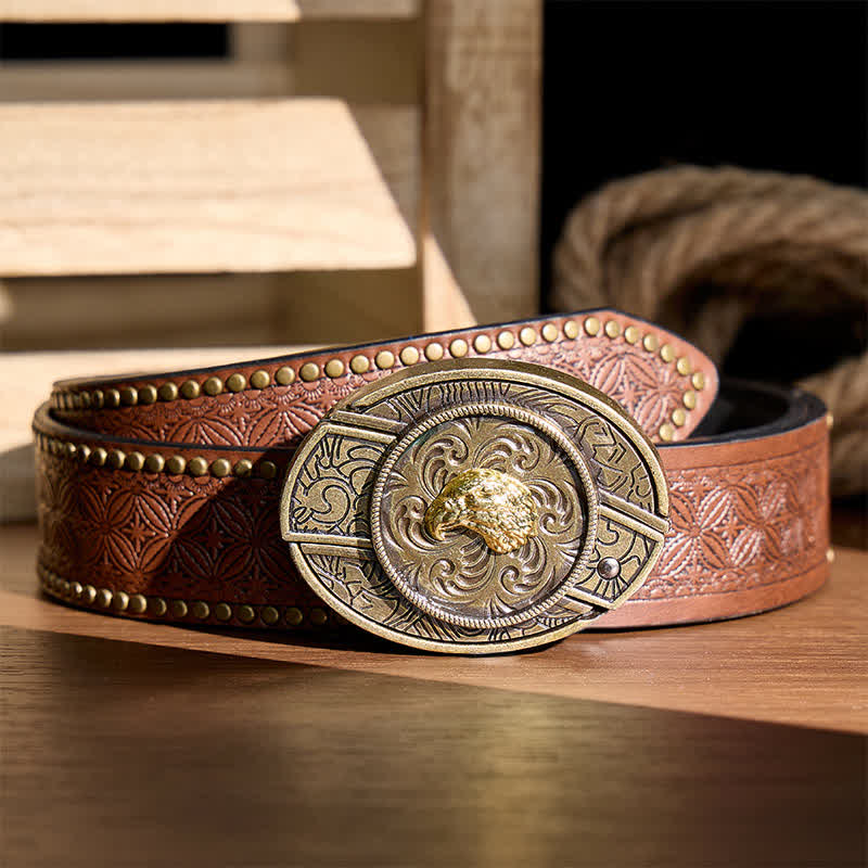 Gold Eagle Head DIY Hidden Folding Knife Antique Bronze Buckle Leather Belt - Eagle Head - Brown Rivet Belt - 42 - image 4