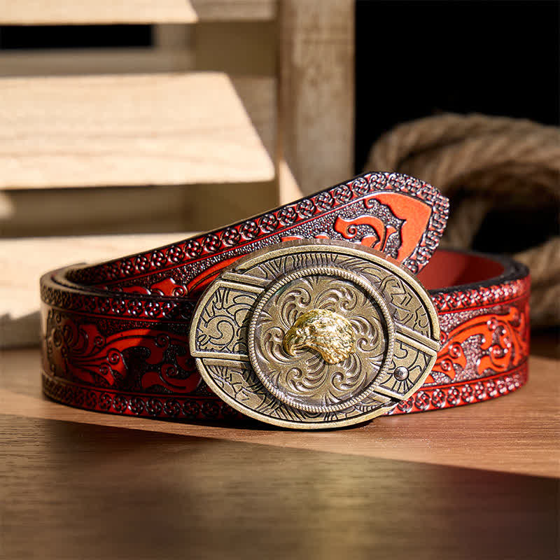 Gold Eagle Head DIY Hidden Folding Knife Antique Bronze Buckle Leather Belt - Eagle Head - Brown Carved Belt - 42 - image 6