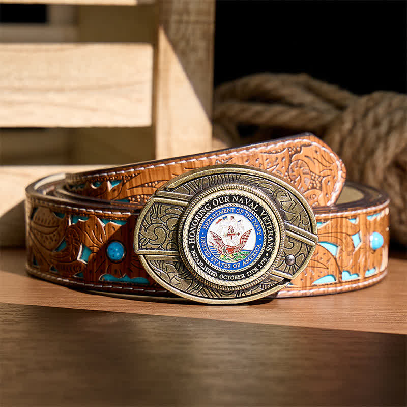 Honoring Our Naval Veterans DIY Hidden Folding Knife Buckle Leather Belt - Honoring Veterans - Turquoise Carved Belt - 42 - image 3