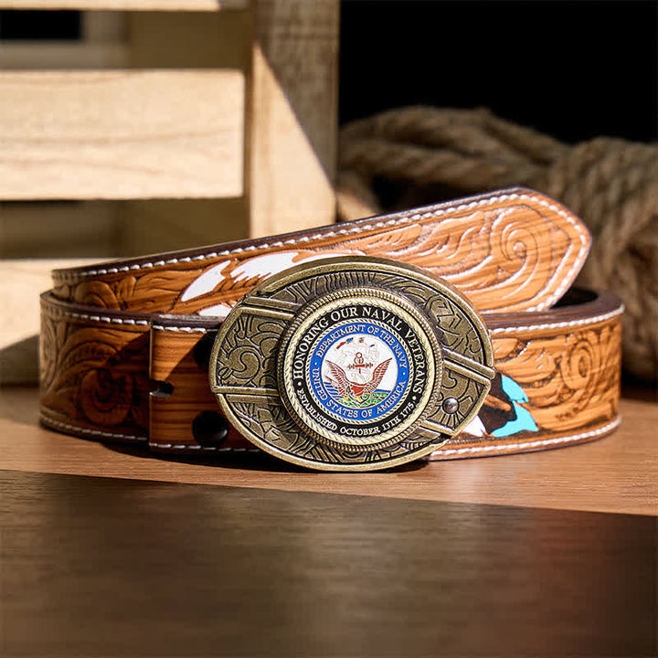 Honoring Our Naval Veterans DIY Hidden Folding Knife Buckle Leather Belt - Honoring Veterans - Brown Feather Belt - 40 - image 7