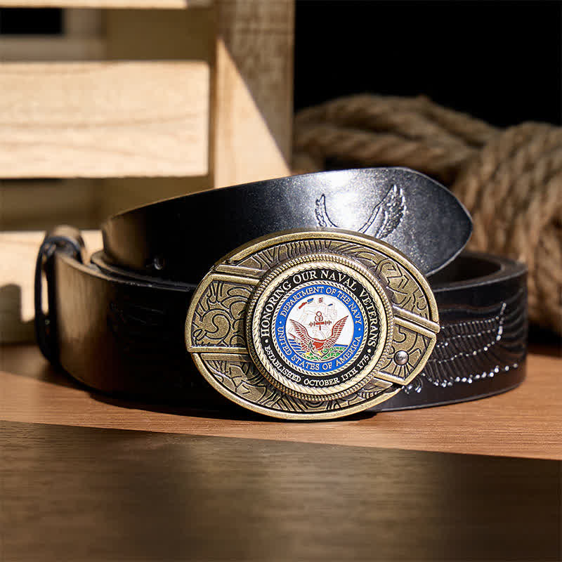 Honoring Our Naval Veterans DIY Hidden Folding Knife Buckle Leather Belt - Honoring Veterans - Black Embossed Eagle Belt - 42 - image 2