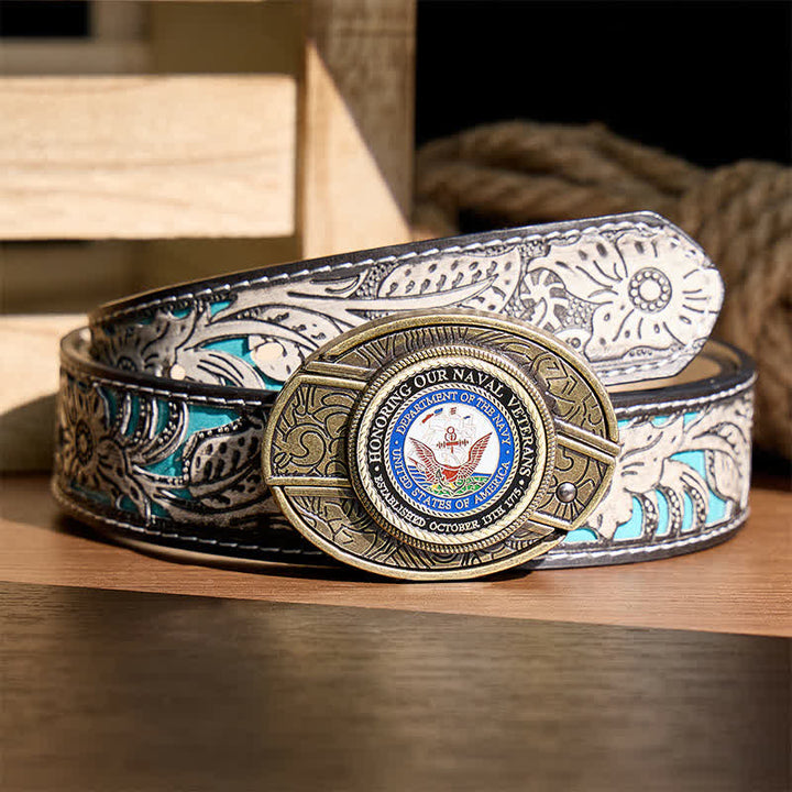 Honoring Our Naval Veterans DIY Hidden Folding Knife Buckle Leather Belt - Honoring Veterans - Gray Floral Belt - 42 - image 8