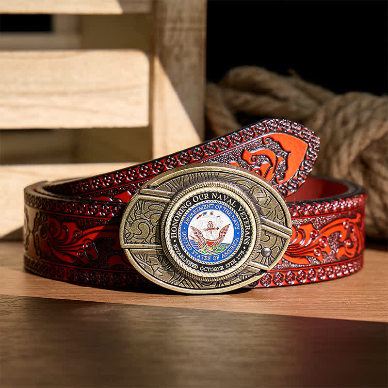 Honoring Our Naval Veterans DIY Hidden Folding Knife Buckle Leather Belt - Honoring Veterans - Brown Carved Belt - 42 - image 6
