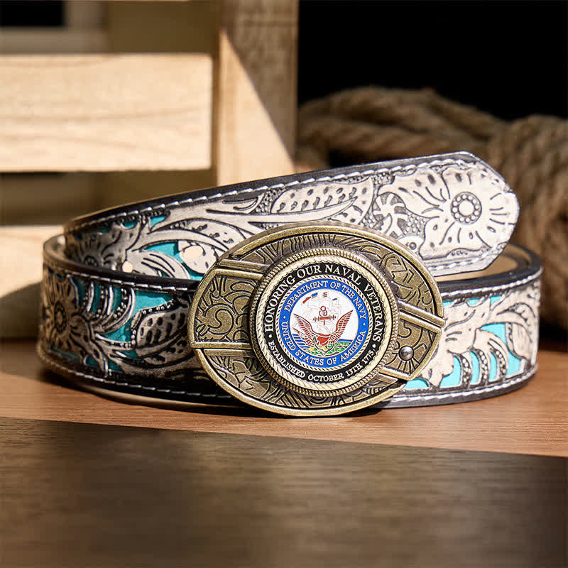Honoring Our Naval Veterans DIY Hidden Folding Knife Buckle Leather Belt - Honoring Veterans - Gray Floral Belt - 42 - image 8