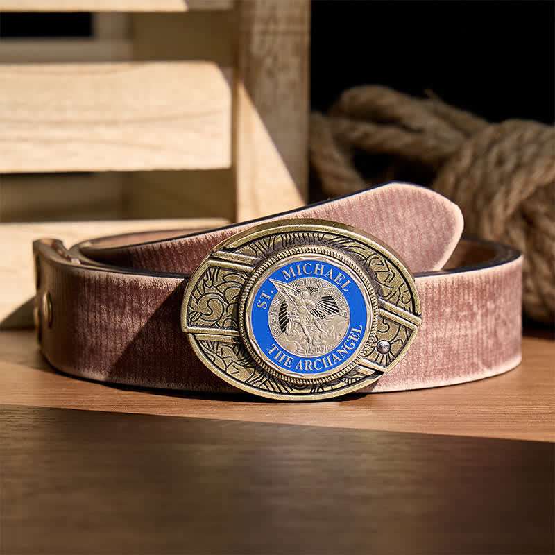 St. Michael Archangel DIY Hidden Folding Knife Bronze Buckle Leather Belt - Archangel - Brown Distressed Belt - 42 - image 5